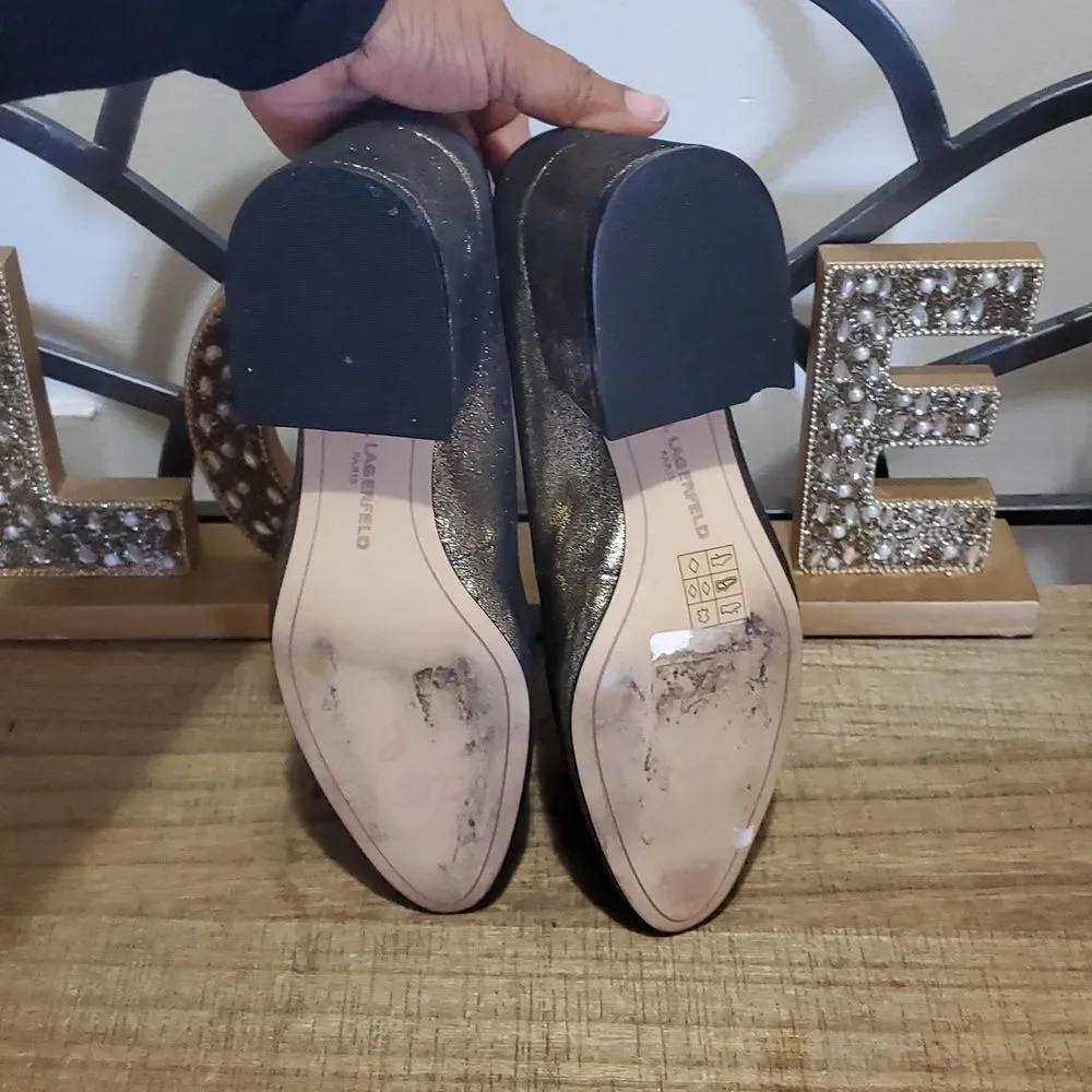 Karl Lagerfeld Mae Chunky Heel Bronze Gold Sparkly Tassel Shoes Sz 6M Euro Chic